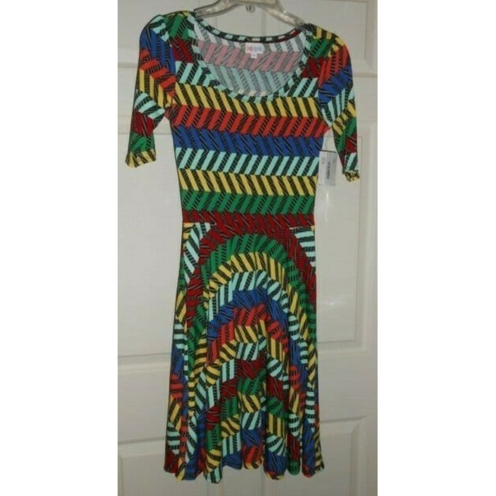 NEW Lularoe Nicole Dress Geometric Pattern Stripes Multi color‎ XS Extra Small